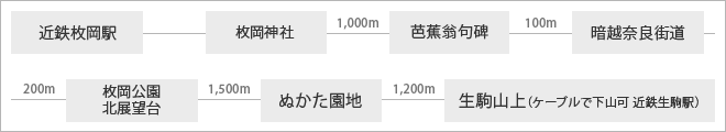 近鉄枚岡駅、枚岡神社・枚岡梅林、芭蕉翁句碑、暗越奈良街道、平岡公園北展望台、ぬかた園地、生駒山上（ケーブルで下山可）